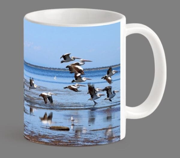 Pelicans in Flight Photo Mug
